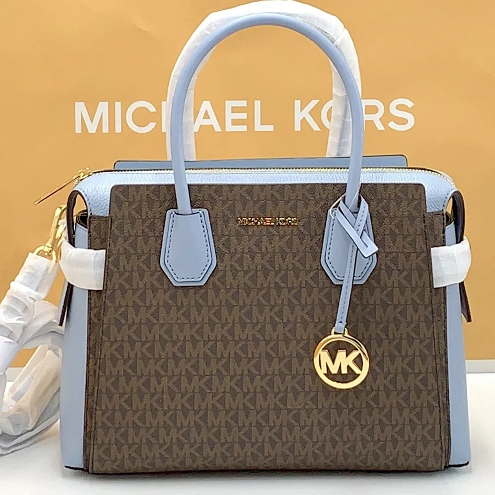 MICHAEL KORS MERCER MEDIUM TOP ZIP BELTED SATCHEL BROWN/ PALE BLUE SIGNATURE - Picture 5 of 16